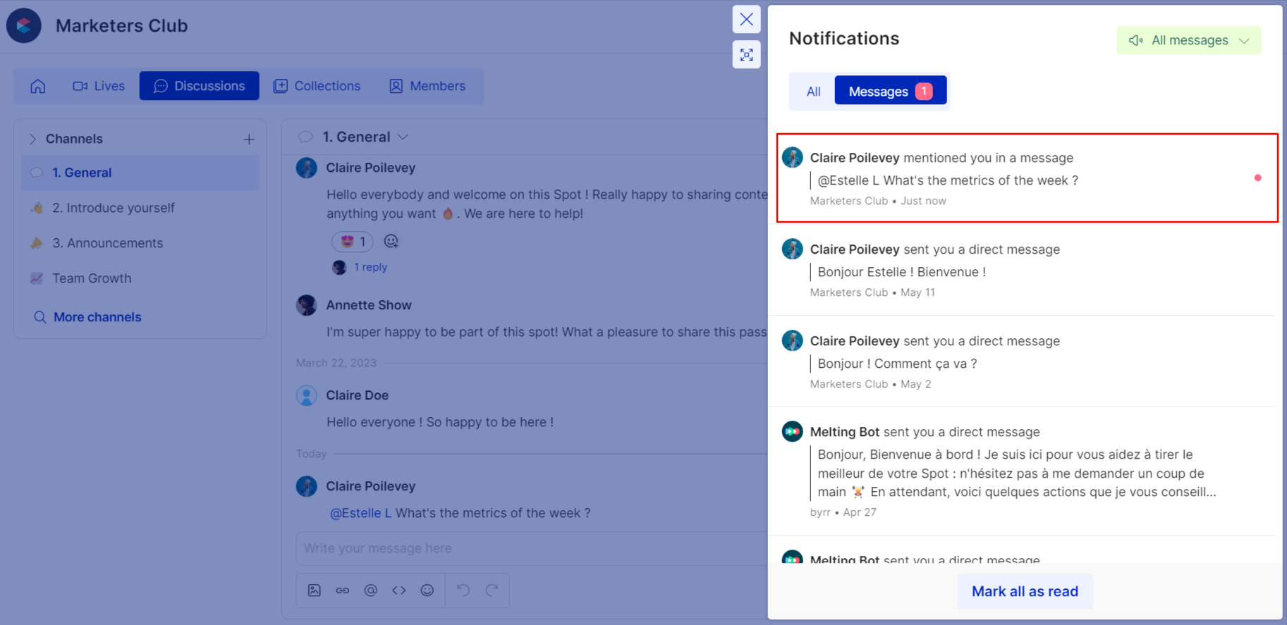 Notification when being mentioned by a member